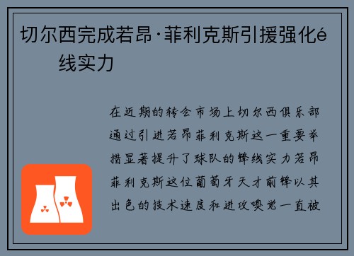 切尔西完成若昂·菲利克斯引援强化锋线实力